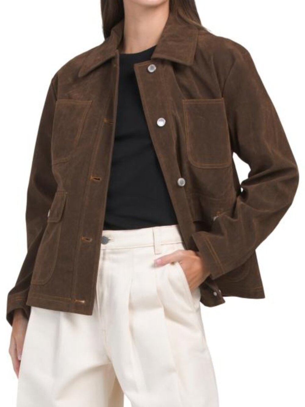 AVEC LES FILLES Espresso Faux Suede Cropped Barn Jacket